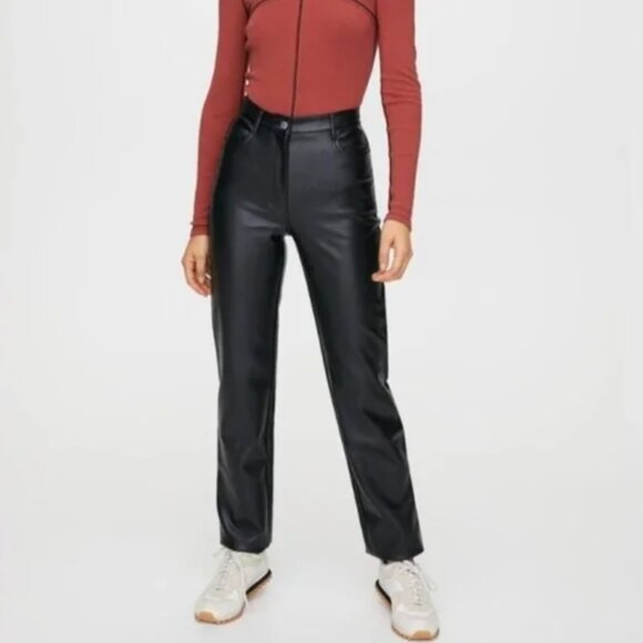 Aritzia Wilfred Melina Black Faux Leather Black Straight Leg High Waist 0 - Picture 6 of 7